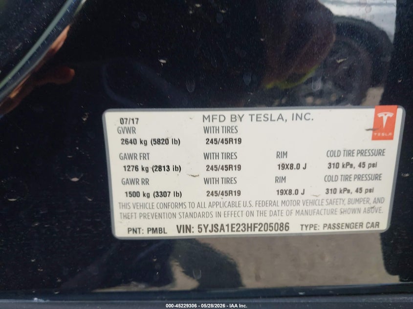 2017 Tesla Model s VIN 5YJSA1E23HF205086 IAAI salvage auction — RIGHT FRONT, Salvage Title, sold $3,750 on 2026-07-09 (photo 9)