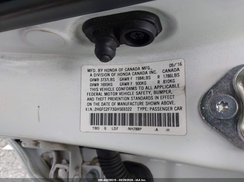 2016 Honda Civic VIN 2HGFC2F73GH569322 IAAI salvage auction — LEFT & RIGHT, Salvage Certificate (California), sold $2,450 on 2026-07-26 (photo 9)