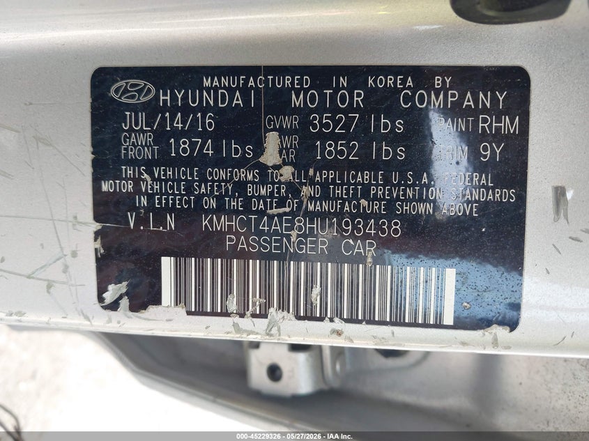 2017 Hyundai Accent VIN KMHCT4AE8HU193438 IAAI salvage auction — REAR END, Salvage (Texas), sold $600 on 2026-07-28 (photo 9)