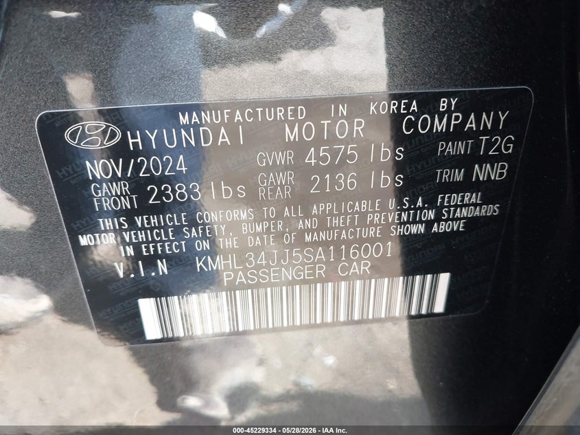 2025 Hyundai Sonata VIN KMHL34JJ5SA116001 IAAI salvage auction — RIGHT REAR, Salvage (California), sold $9,350 on 2026-07-28 (photo 9)