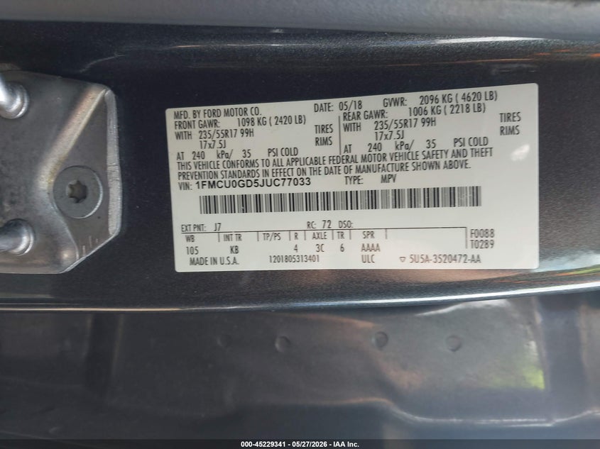2018 Ford Escape VIN 1FMCU0GD5JUC77033 IAAI salvage auction — NORMAL WEAR, Salvage Title, sold $4,875 on 2026-07-22 (photo 9)