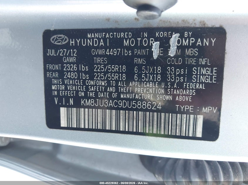 2013 Hyundai Tucson VIN KM8JU3AC9DU588624 IAAI salvage auction — SIDE, Salvage Title, sold $2,250 on 2026-07-29 (photo 9)