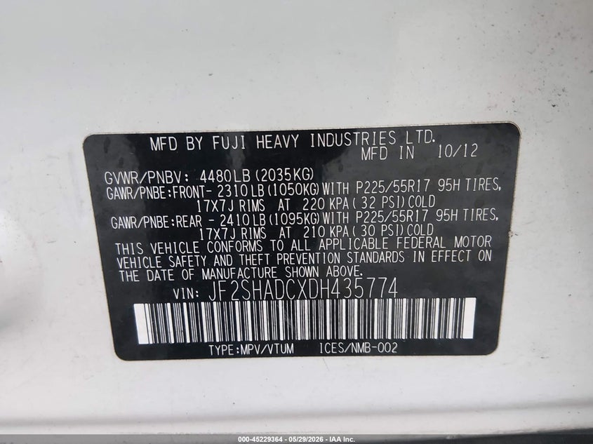 2013 Subaru Forester VIN JF2SHADCXDH435774 IAAI salvage auction — LEFT FRONT, Salvage Title, sold $475 on 2026-07-15 (photo 9)