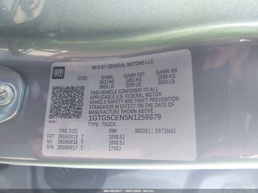 2022 Gmc Canyon VIN 1GTG5CEN5N1259879 IAAI salvage auction — ROOF, Salvage Title, sold $2,925 on 2026-07-31 (photo 9)