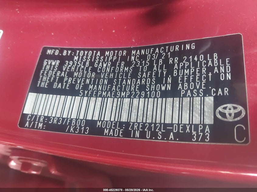 2021 Toyota Corolla VIN 5YFEPMAE9MP229100 IAAI salvage auction — REAR END, Salvage Title, sold $4,900 on 2026-07-28 (photo 9)