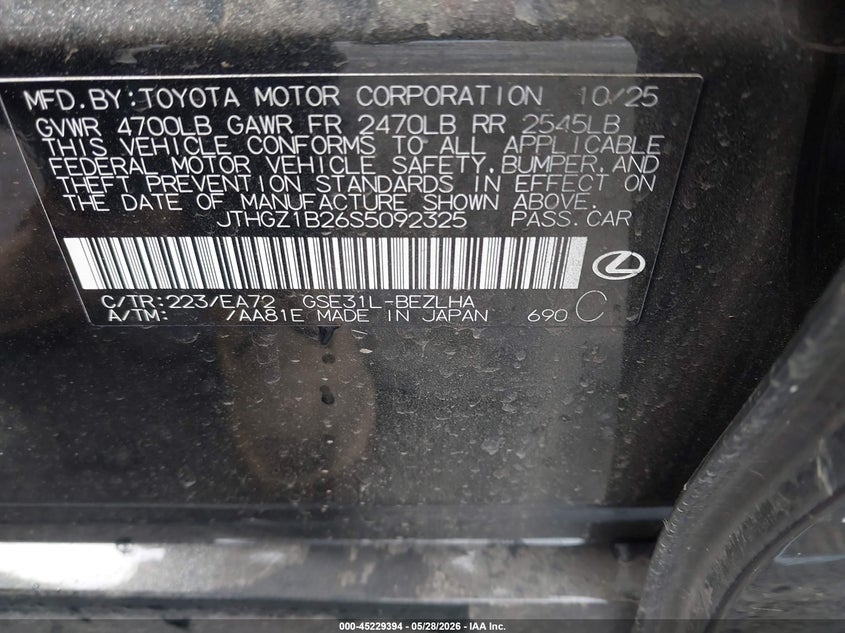 2025 Lexus Is VIN JTHGZ1B26S5092325 IAAI salvage auction — RIGHT FRONT, Salvage Title, sold $28,350 on 2026-07-20 (photo 9)