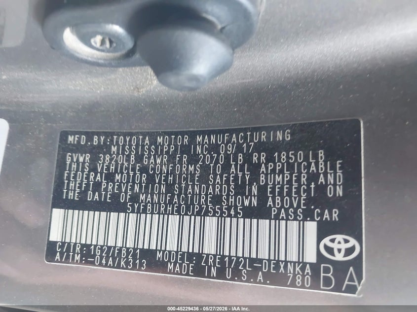 2018 Toyota Corolla VIN 5YFBURHE0JP755545 IAAI salvage auction — LEFT REAR, Salvage Title, sold $3,875 on 2026-07-28 (photo 9)
