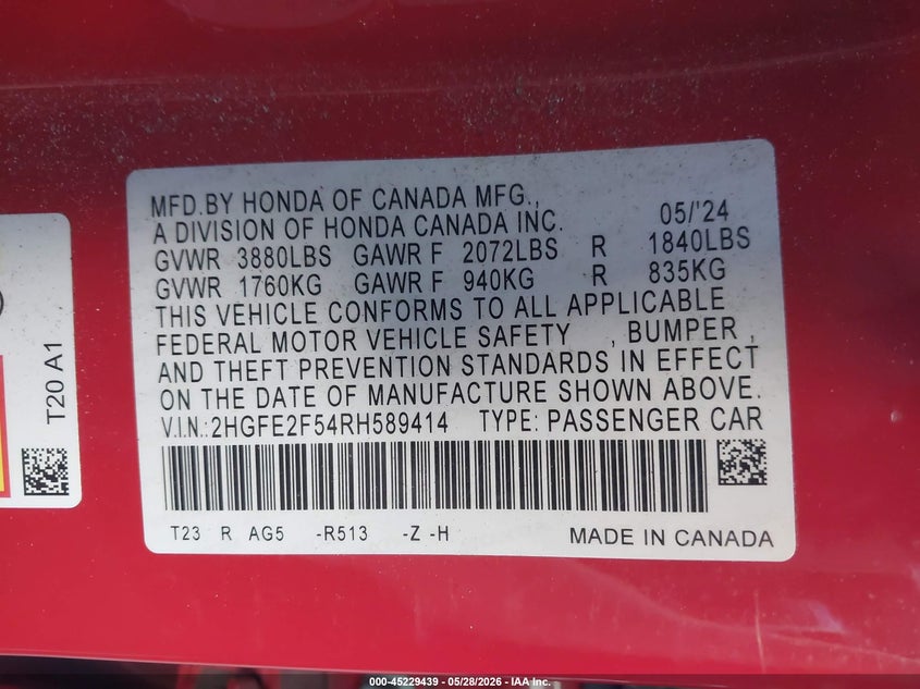 2024 Honda Civic VIN 2HGFE2F54RH589414 IAAI salvage auction — FRONT END, Salvage Title, sold $5,850 on 2026-07-31 (photo 9)