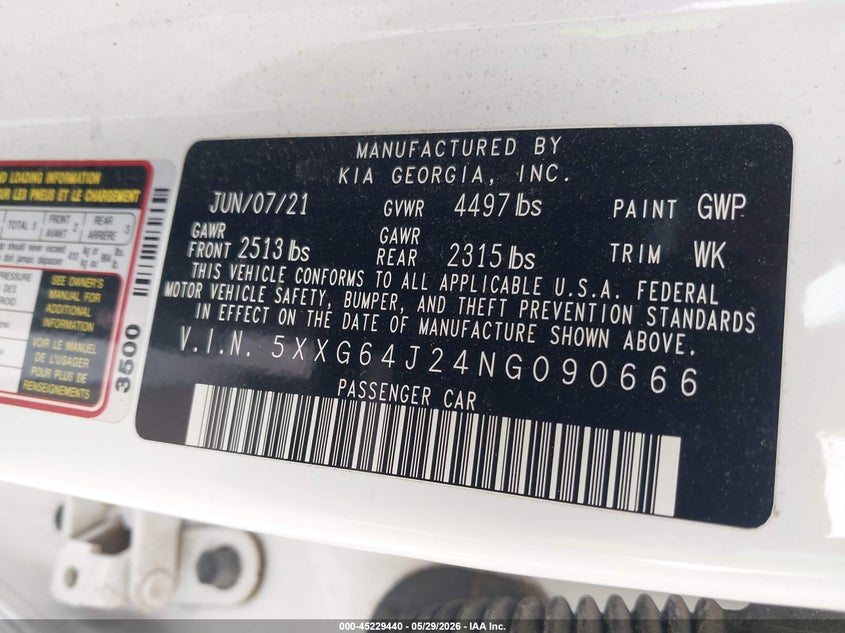 2022 Kia K5 VIN 5XXG64J24NG090666 IAAI salvage auction — FRONT & REAR, Salvage Title, sold $5,100 on 2026-07-21 (photo 9)