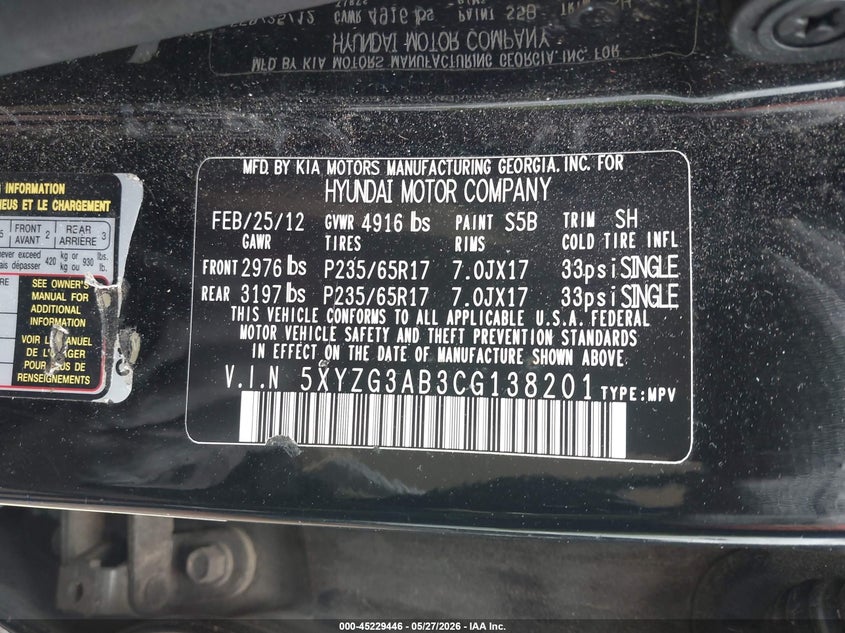 2012 Hyundai Santa fe VIN 5XYZG3AB3CG138201 IAAI salvage auction — RIGHT FRONT, Salvage (Alabama), sold $1,550 on 2026-07-08 (photo 9)