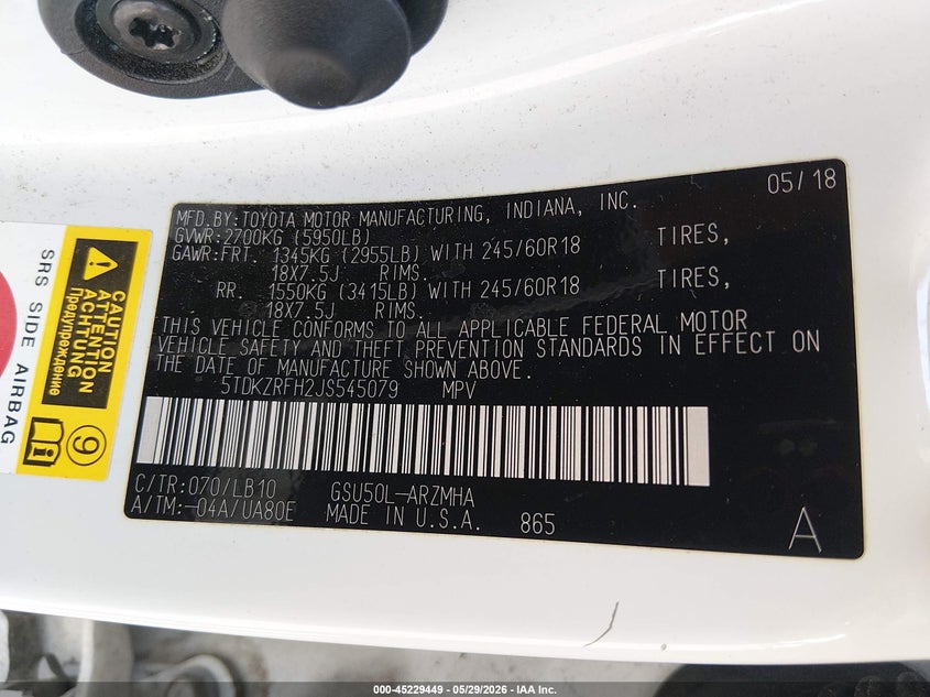 2018 Toyota Highlander VIN 5TDKZRFH2JS545079 IAAI salvage auction — LEFT SIDE, Salvage Title, sold $10,550 on 2026-07-08 (photo 9)