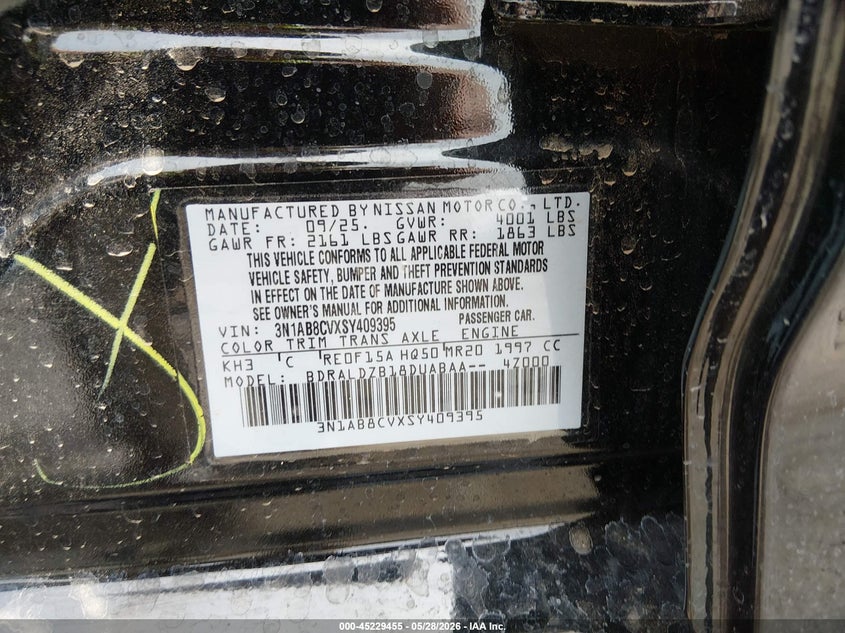 2025 Nissan Sentra VIN 3N1AB8CVXSY409395 IAAI salvage auction — FRONT END, Salvage Title, sold $4,600 on 2026-07-31 (photo 9)