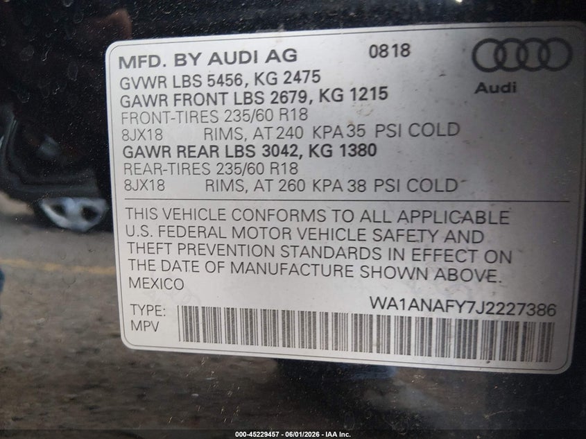 2018 Audi Q5 VIN WA1ANAFY7J2227386 IAAI salvage auction — FRONT END, Salvage Title, sold $7,450 on 2026-07-21 (photo 9)