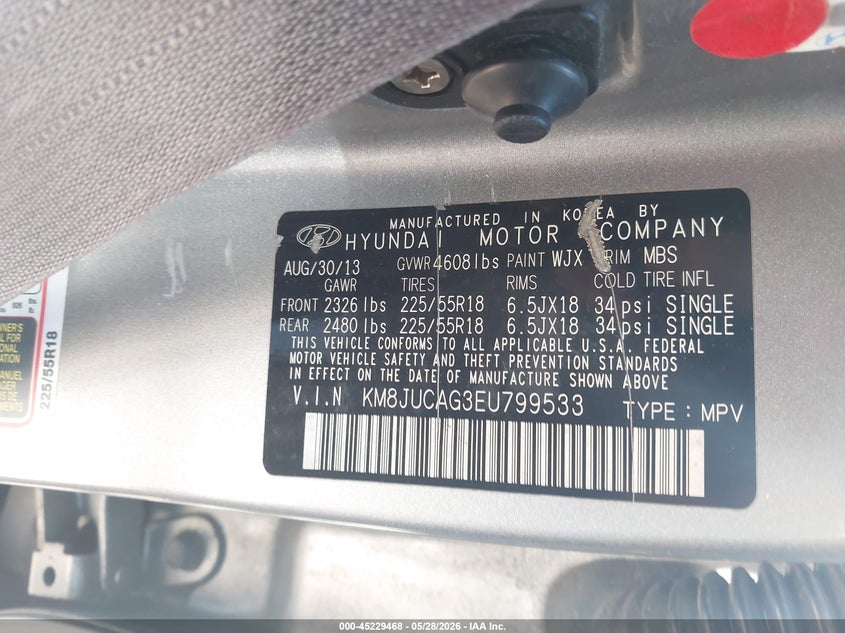 2014 Hyundai Tucson VIN KM8JUCAG3EU799533 IAAI salvage auction — RIGHT FRONT, Salvage Title, sold $1,250 on 2026-07-12 (photo 9)