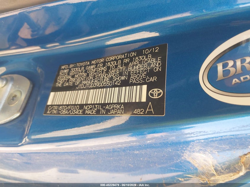 2013 Toyota Yaris VIN JTDJTUD39DD550142 IAAI salvage auction — FRONT END, Original (Texas), sold $2,200 on 2026-07-23 (photo 9)