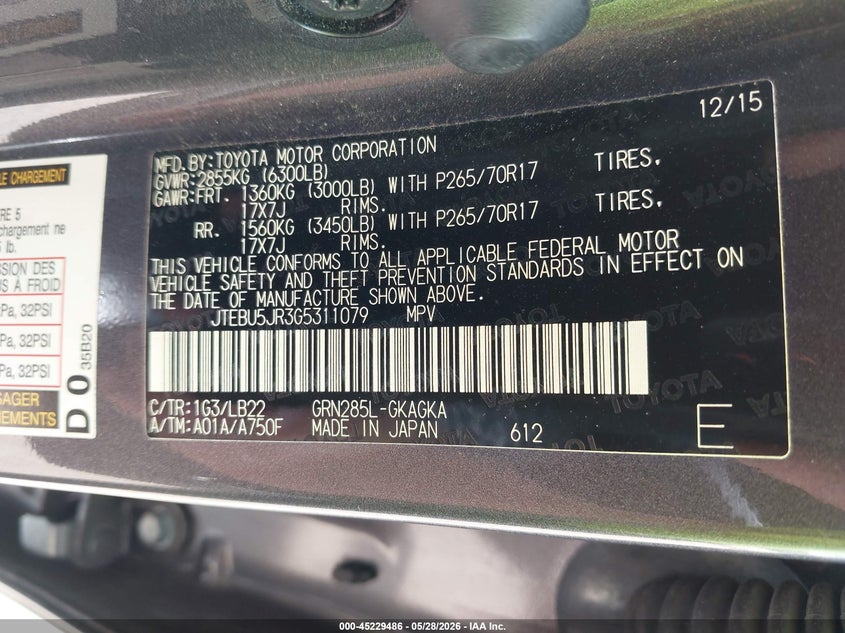 2016 Toyota 4runner VIN JTEBU5JR3G5311079 IAAI salvage auction — FRONT END, Salvage (Illinois), sold $9,950 on 2026-07-15 (photo 9)