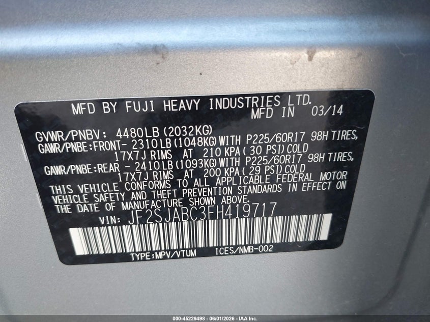 2015 Subaru Forester VIN JF2SJABC3FH419717 IAAI salvage auction — HAIL, Original (Texas), sold $1,525 on 2026-07-21 (photo 9)