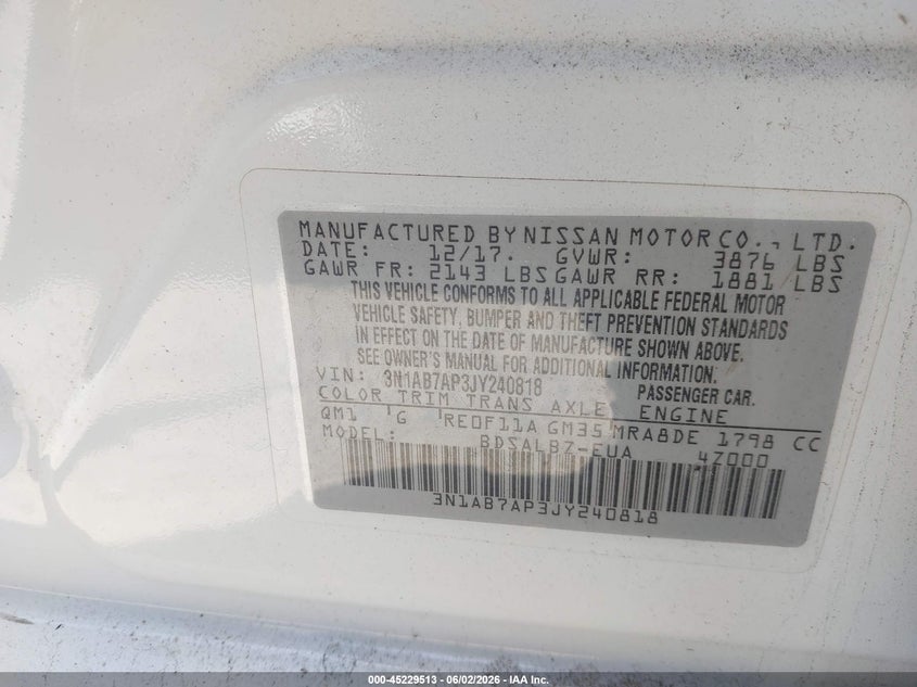 2018 Nissan Sentra VIN 3N1AB7AP3JY240818 IAAI salvage auction — NORMAL WEAR, Clear - Dealer Only (California), sold $1,150 on 2026-07-09 (photo 9)