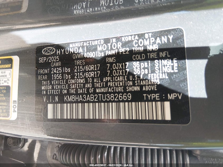 2026 Hyundai Kona VIN KM8HA3AB2TU382669 IAAI salvage auction — FRONT END, Salvage (Arizona), sold $6,275 on 2026-07-30 (photo 9)