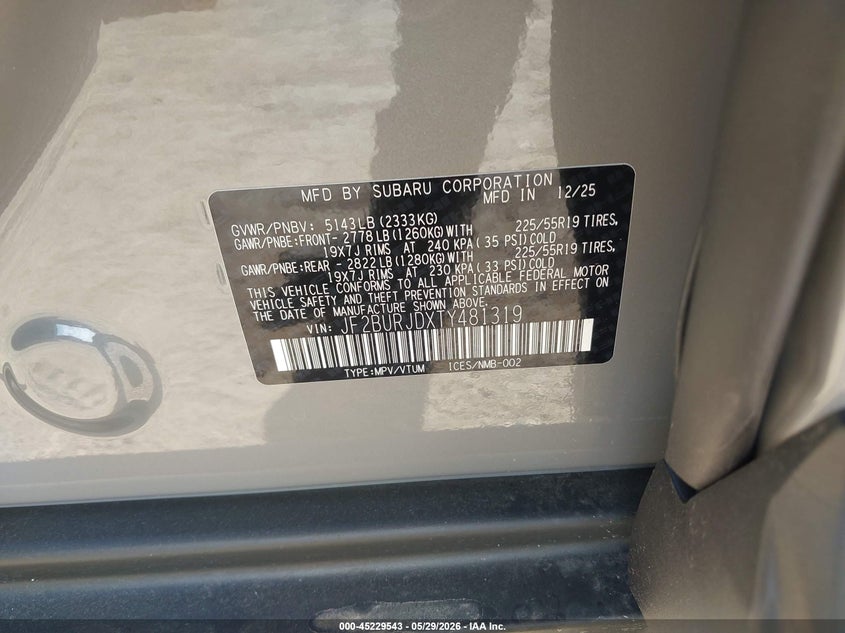 2026 Subaru Outback VIN JF2BURJDXTY481319 IAAI salvage auction — HAIL, Salvage Title, sold $21,200 on 2026-07-08 (photo 9)