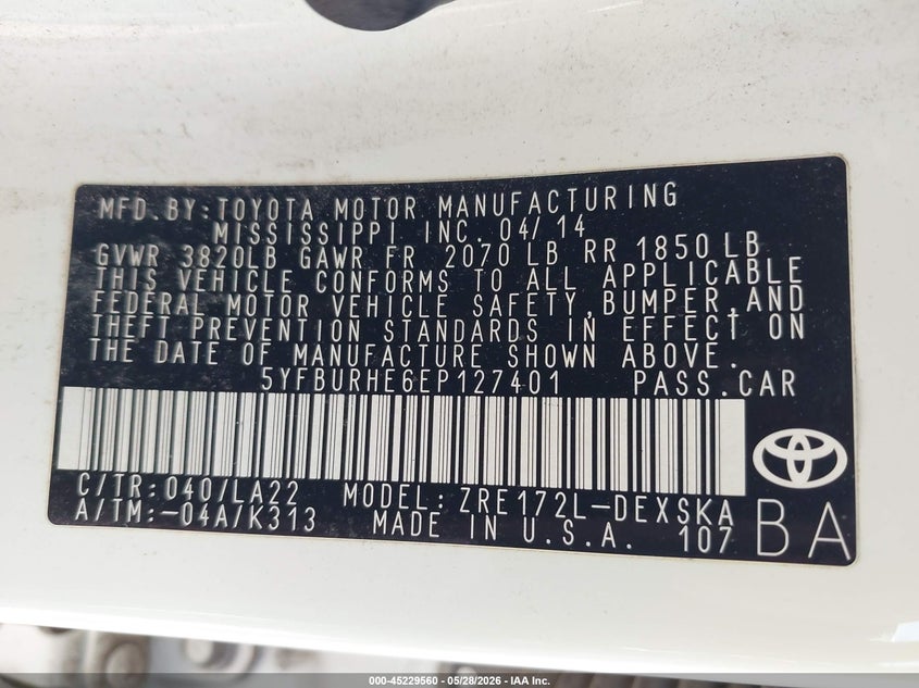 2014 Toyota Corolla VIN 5YFBURHE6EP127401 IAAI salvage auction — FRONT END, Salvage (Montana), sold $1,250 on 2026-08-01 (photo 9)