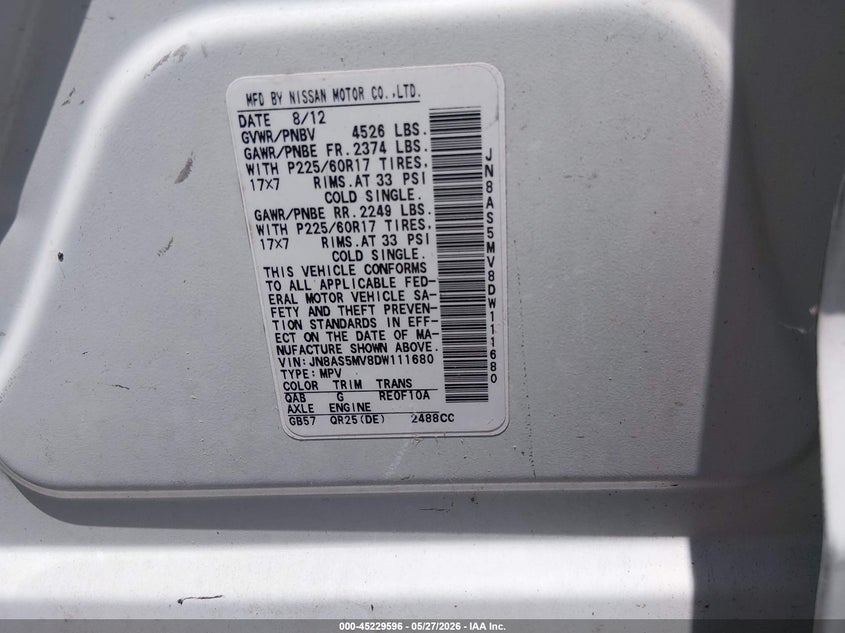 2013 Nissan Rogue VIN JN8AS5MV8DW111680 IAAI salvage auction — HAIL, Salvage (Missouri), sold $600 on 2026-07-07 (photo 9)