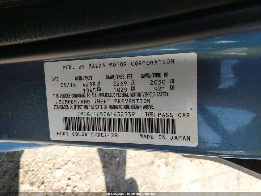 2016 Mazda 6 VIN JM1GJ1U50G1432339 IAAI salvage auction — LEFT FRONT, Salvage Title, sold $650 on 2026-07-24 (photo 9)