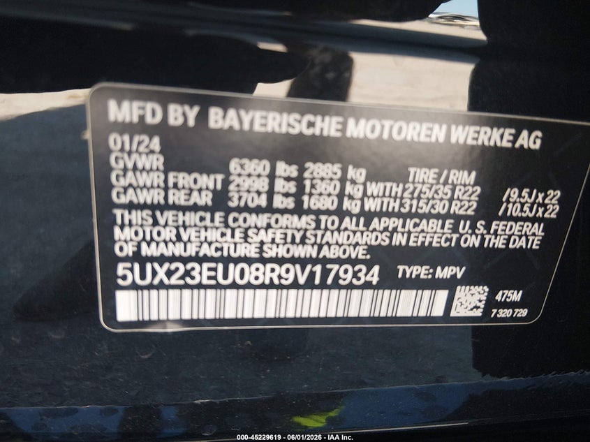2024 BMW X5 VIN 5UX23EU08R9V17934 IAAI salvage auction — SIDE, Original (Texas), sold $35,500 on 2026-08-01 (photo 9)