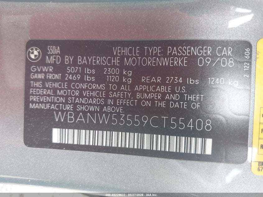 2009 BMW 5er VIN WBANW53559CT55408 IAAI salvage auction — FRONT END, Salvage (Alabama), sold $825 on 2026-07-15 (photo 9)