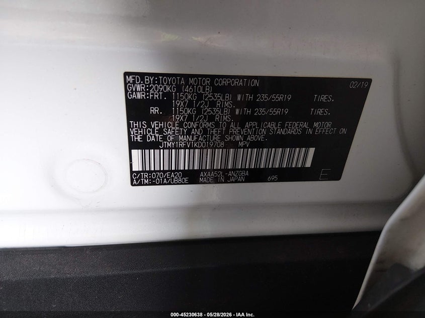 2019 Toyota Rav 4 VIN JTMY1RFV1KD019708 IAAI salvage auction — REAR END, Salvage Title, sold $7,200 on 2026-07-14 (photo 9)