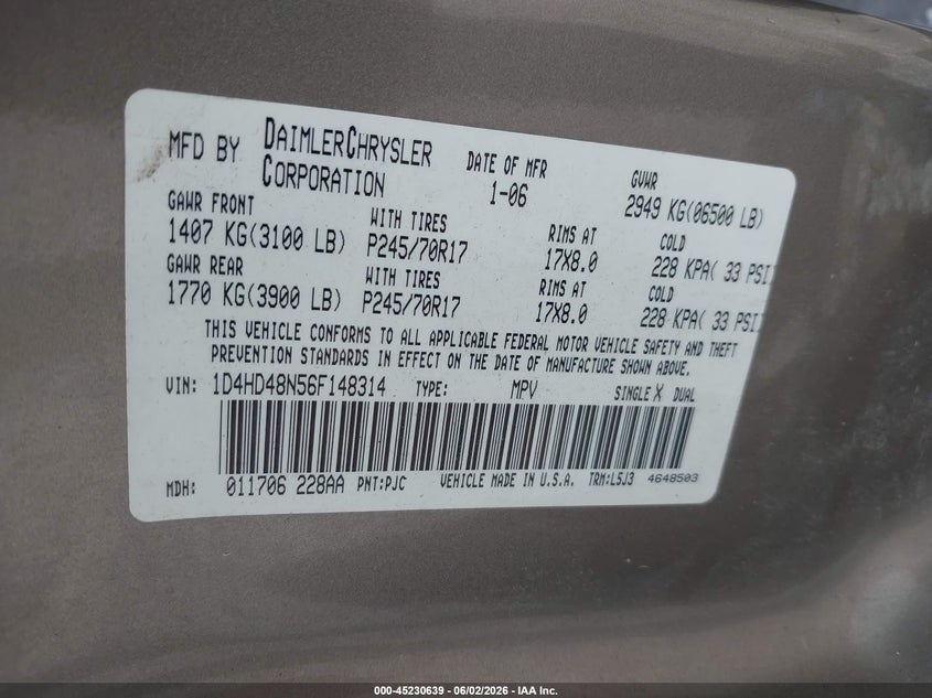 2006 Dodge Durango VIN 1D4HD48N56F148314 IAAI salvage auction — LEFT SIDE, Clear (Florida), sold $325 on 2026-07-09 (photo 9)
