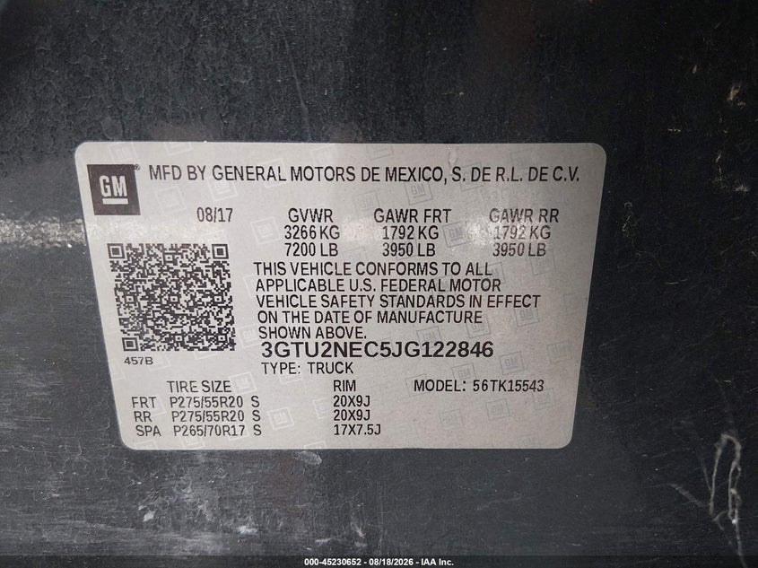 2018 Gmc Sierra 1500 VIN 3GTU2NEC5JG122846 IAAI salvage auction — NORMAL WEAR, Repossessed (Missouri), sold $7,950 on 2026-09-01 (photo 9)