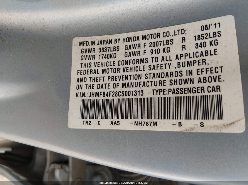2012 Honda Civic hybrid VIN JHMFB4F28CS001313 IAAI salvage auction — FRONT END, Clear (Arizona), sold $1,200 on 2026-07-30 (photo 9)