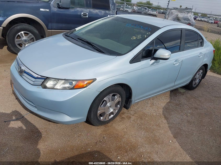 2012 Honda Civic hybrid VIN JHMFB4F28CS001313 IAAI salvage auction — FRONT END, Clear (Arizona), sold $1,200 on 2026-07-30 (photo 2)