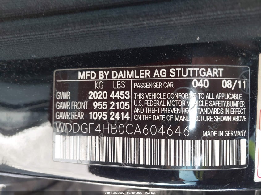 2012 Mercedes-benz C class VIN WDDGF4HB0CA604646 IAAI salvage auction — NORMAL WEAR, Clear (Florida), sold $650 on 2026-08-07 (photo 9)