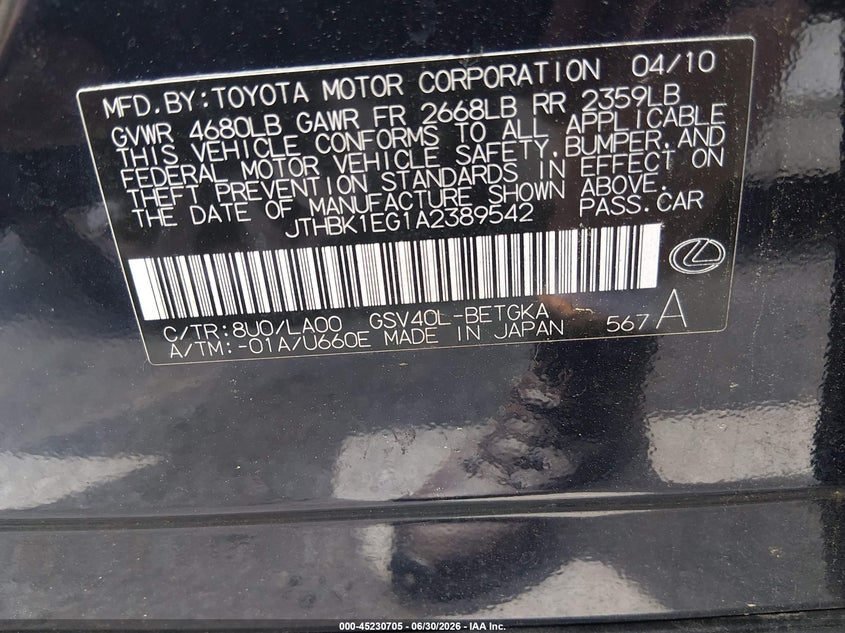 2010 Lexus Es 350 VIN JTHBK1EG1A2389542 IAAI salvage auction — NORMAL WEAR, Repossession Paperwork (Georgia), sold $875 on 2026-07-20 (photo 9)