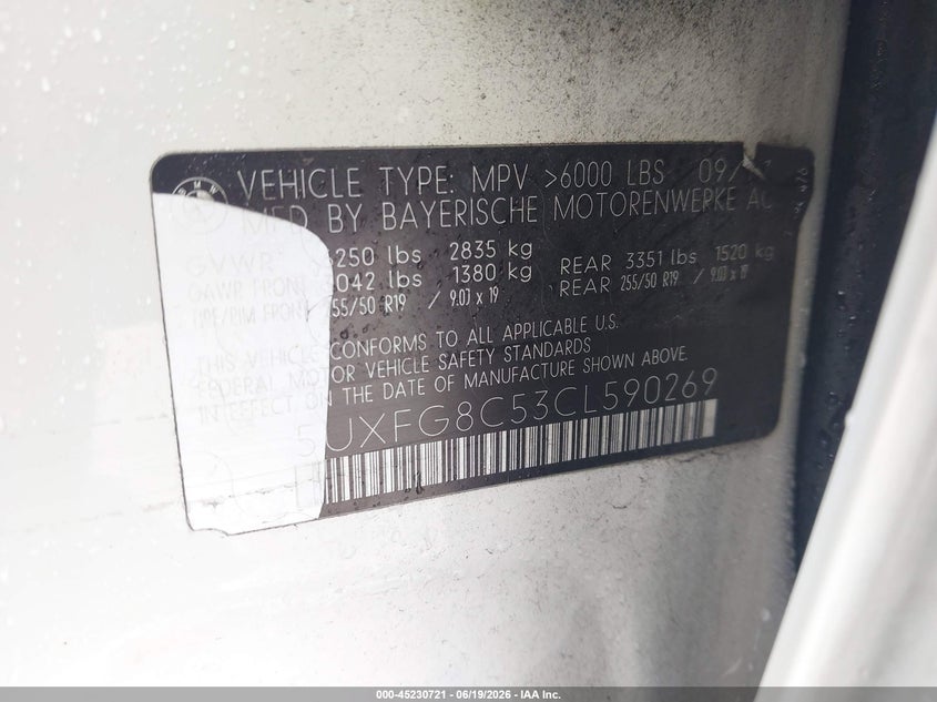 2012 BMW X6 VIN 5UXFG8C53CL590269 IAAI salvage auction — NORMAL WEAR, Clear (Florida), sold $2,750 on 2026-07-27 (photo 9)