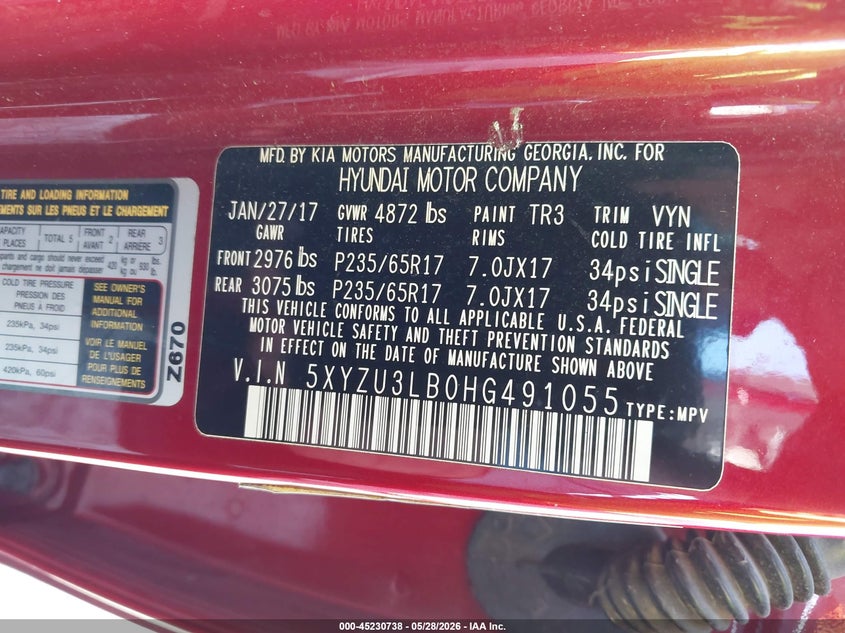 2017 Hyundai Santa fe VIN 5XYZU3LB0HG491055 IAAI salvage auction — FRONT END, Salvage (Texas), sold $3,300 on 2026-07-13 (photo 9)