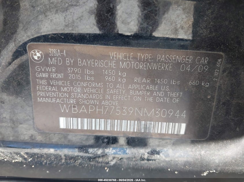 2009 BMW 3er VIN WBAPH77539NM30944 IAAI salvage auction — LEFT SIDE, Clear (Florida), sold $300 on 2026-07-09 (photo 9)