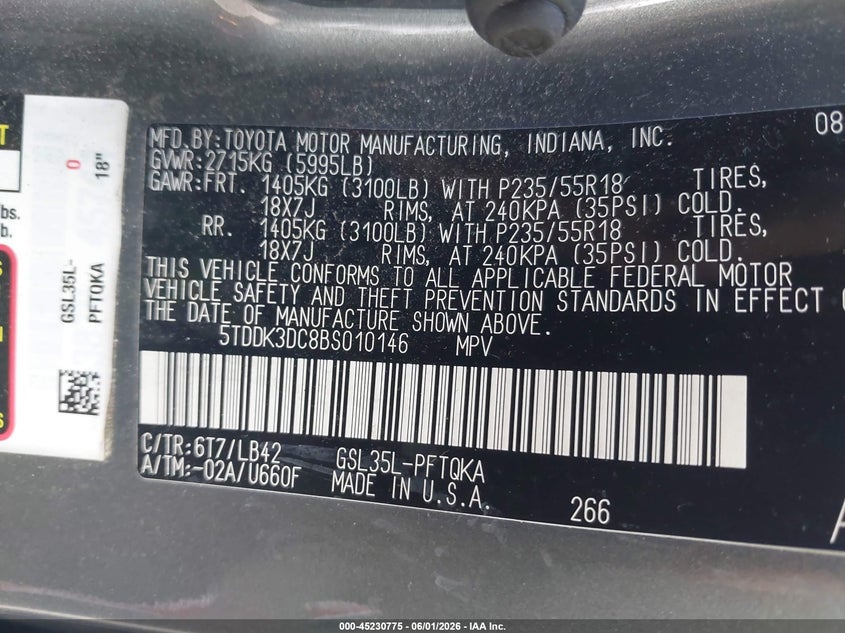 2011 Toyota Sienna VIN 5TDDK3DC8BS010146 IAAI salvage auction — FRONT END, Salvage (Massachusetts), sold $1,000 on 2026-07-10 (photo 9)