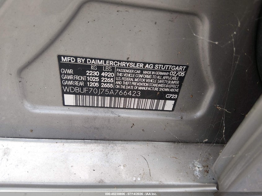 2005 Mercedes-benz E-class VIN WDBUF70J75A766423 IAAI salvage auction — NORMAL WEAR, Clear (Florida), sold $25 on 2026-07-28 (photo 9)