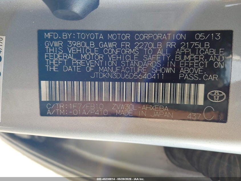 2013 Toyota Prius VIN JTDKN3DU6D5640411 IAAI salvage auction — SIDE, Salvage (New Jersey), sold $375 on 2026-07-28 (photo 9)