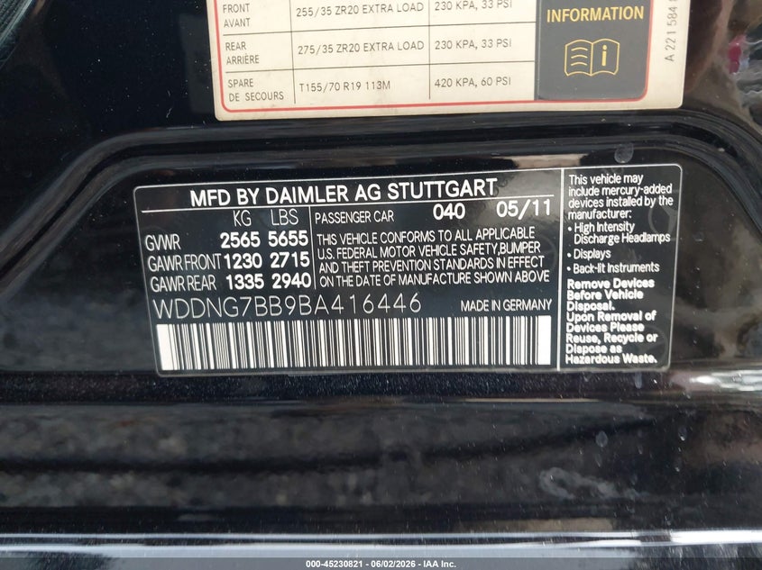 2011 Mercedes-benz S class VIN WDDNG7BB9BA416446 IAAI salvage auction — FRONT & REAR, Repossession Paperwork (Georgia), sold $1,100 on 2026-07-14 (photo 9)