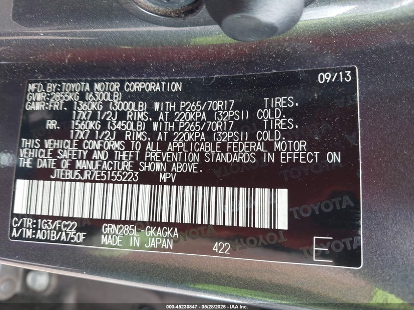 2014 Toyota 4runner VIN JTEBU5JR7E5155223 IAAI salvage auction — FRONT END, Salvage Title, sold $4,500 on 2026-07-25 (photo 9)