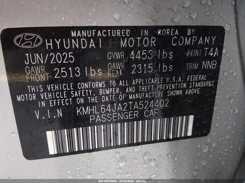 2026 Hyundai Sonata VIN KMHL64JA2TA524402 IAAI salvage auction — LEFT REAR, Rebuildable (Florida), sold $9,850 on 2026-07-16 (photo 9)