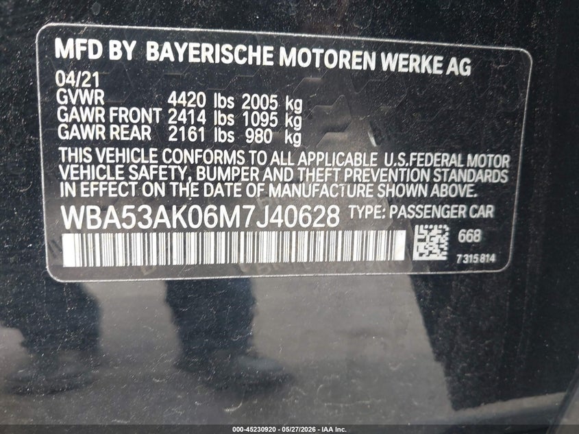 2021 BMW 2 series VIN WBA53AK06M7J40628 IAAI salvage auction — NORMAL WEAR, Repossession Paperwork (Georgia), sold $5,600 on 2026-07-22 (photo 9)