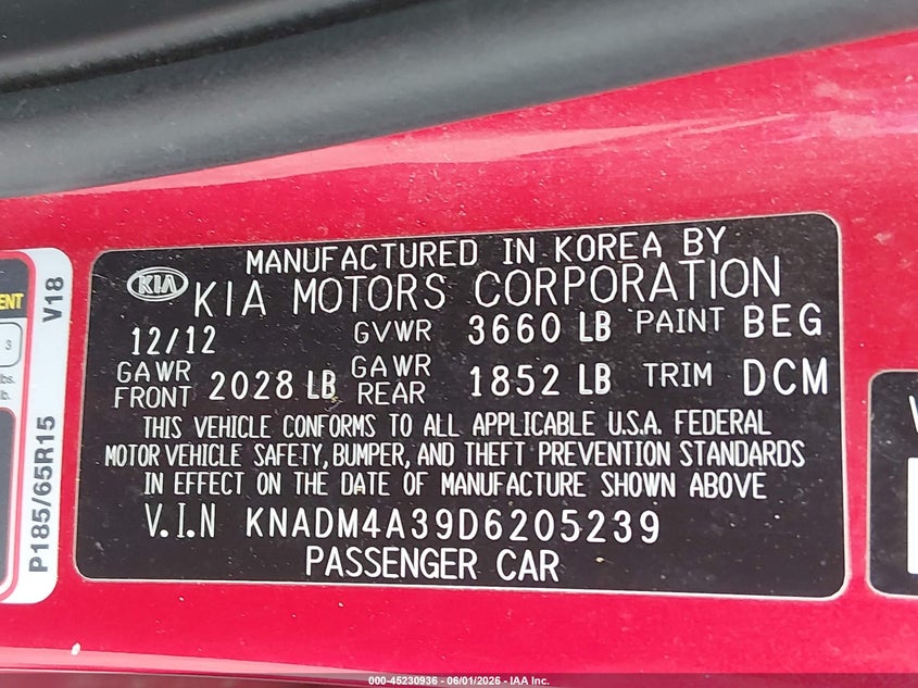 2013 Kia Rio VIN KNADM4A39D6205239 IAAI salvage auction — FRONT END, Salvage Title, sold $25 on 2026-07-07 (photo 9)