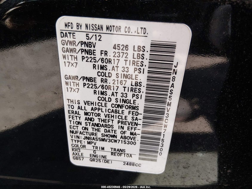 2012 Nissan Rogue VIN JN8AS5MV3CW715300 IAAI salvage auction — FRONT END, Clear (Virginia), sold $100 on 2026-07-28 (photo 9)
