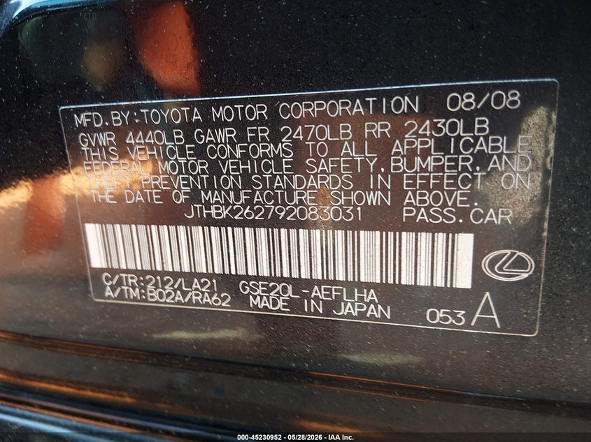2009 Lexus Is 250 VIN JTHBK262792083031 IAAI salvage auction — REAR END, Salvage (Tennessee), sold $1,900 on 2026-07-09 (photo 9)
