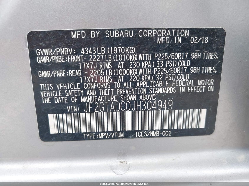 2018 Subaru Xv VIN JF2GTADC0JH304949 IAAI salvage auction — FRONT END, Salvage Title, sold $2,600 on 2026-07-22 (photo 9)